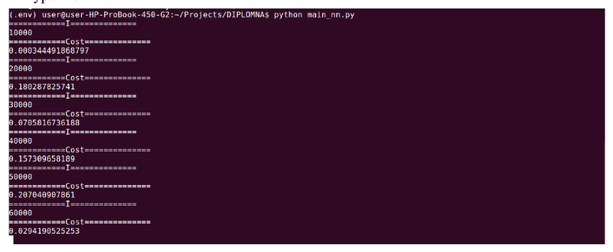 A terminal showing the command python main_nn.py followed by alternating lines: a step count I of 10000, 20000 and so on, each followed by a Cost value below one.