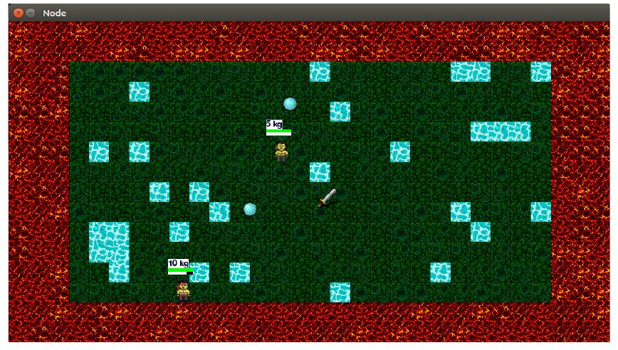 Screenshot of the running application: a lava border around a dark green field with light blue ice tiles; two small fighter sprites, one labelled 5 kg with a green health bar, a sword on the ground and two round bullets in flight.